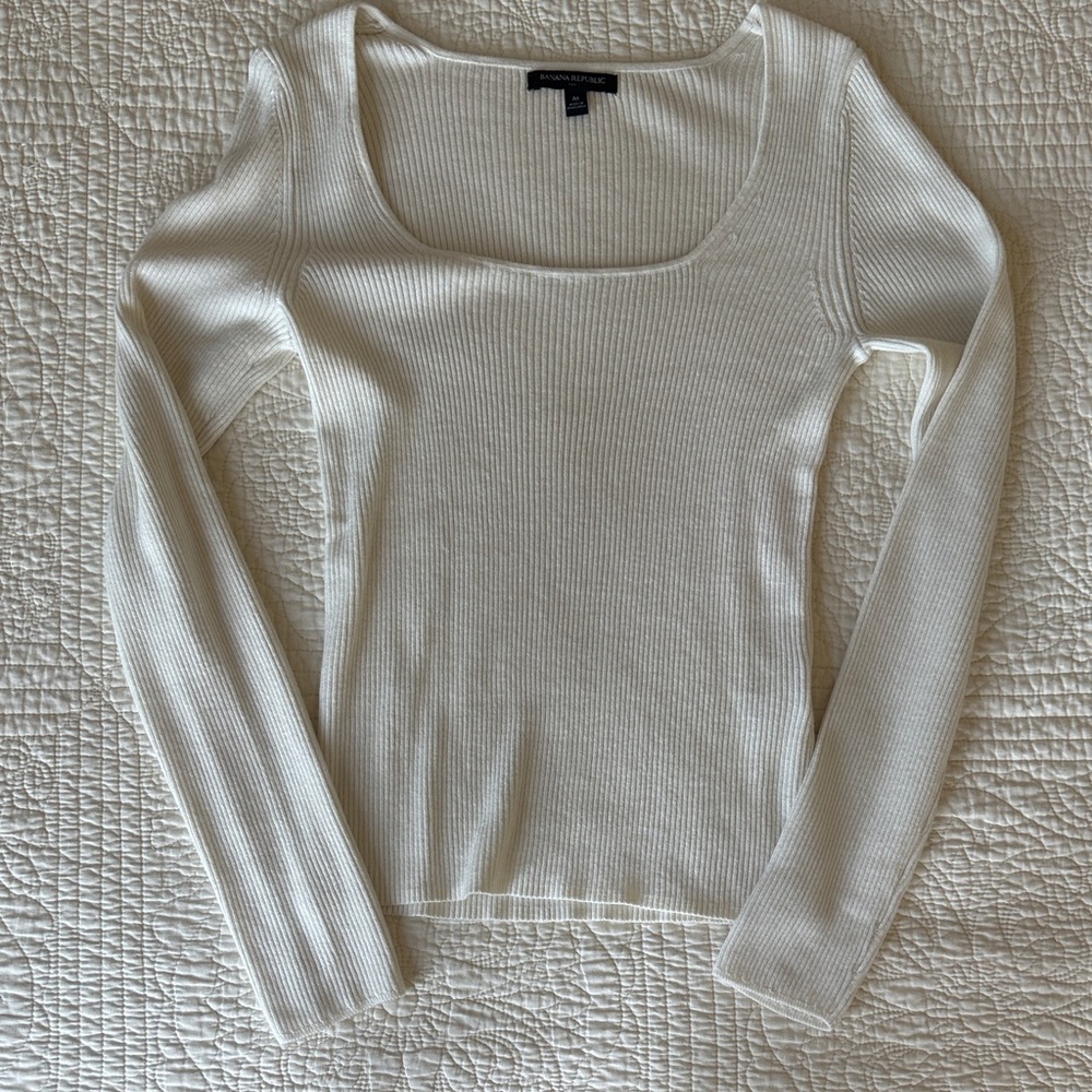 Banana Republic Ivory Ribbed Scoop Neck Long Sleeve Top Size M